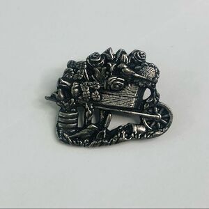 vtg spring summer birds and‎ blooms pewter wagon roses garden tools brooch pin